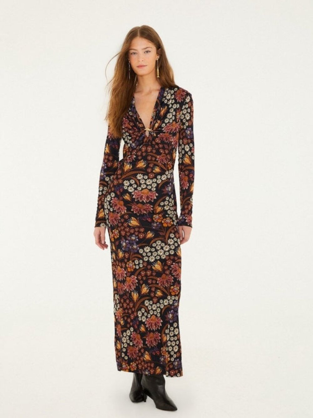 FARM Rio Lili V-Neck Floral Maxi Dress Long Sleeves Women's Size XS Black Red